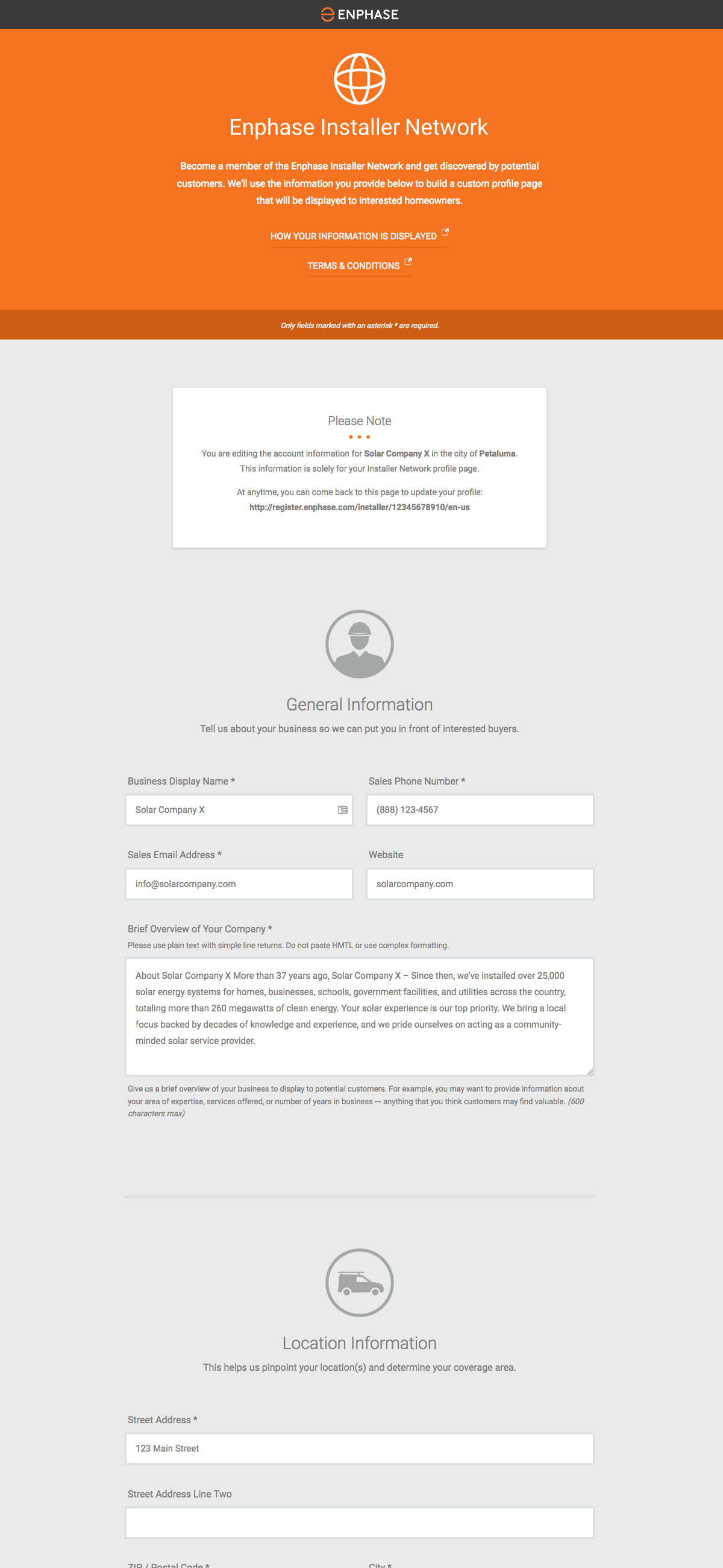 Enphase Installer Locator regestration form - desktop